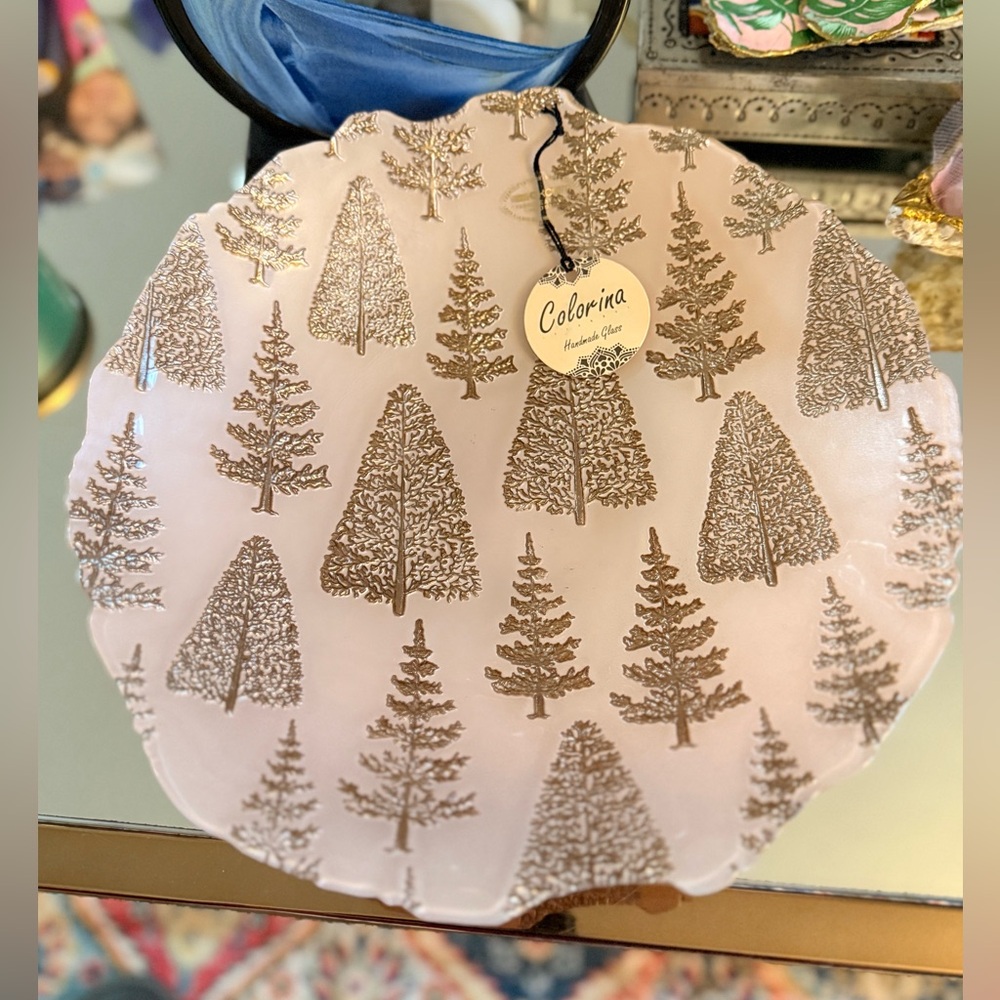 🎄 Colorina Handmade Glass Holiday Platter – Gold Trees